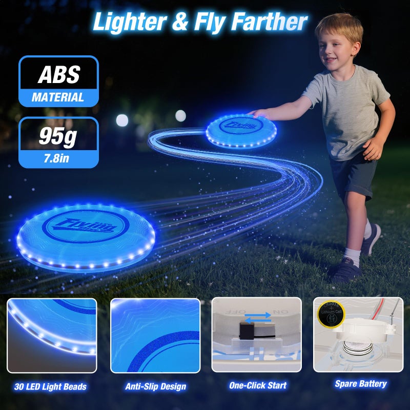 HYES 2 Pack Light up Flying Discs for Kids, Rechargeable Disc with 45 LEDs, 14 Lighting Modes(10")&Built-in Battery Disc(7.8"), Glow in The Dark Ring for Beach/Camping/Outdoor Sport - Image 3