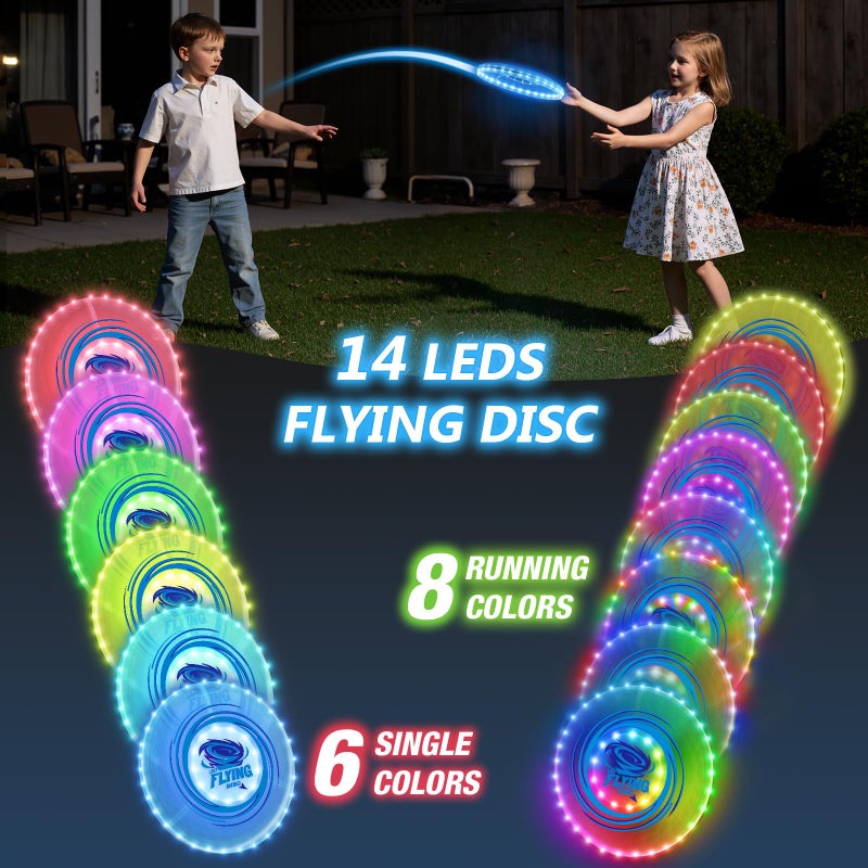 HYES 2 Pack Light up Flying Discs for Kids, Rechargeable Disc with 45 LEDs, 14 Lighting Modes(10")&Built-in Battery Disc(7.8"), Glow in The Dark Ring for Beach/Camping/Outdoor Sport - Image 4