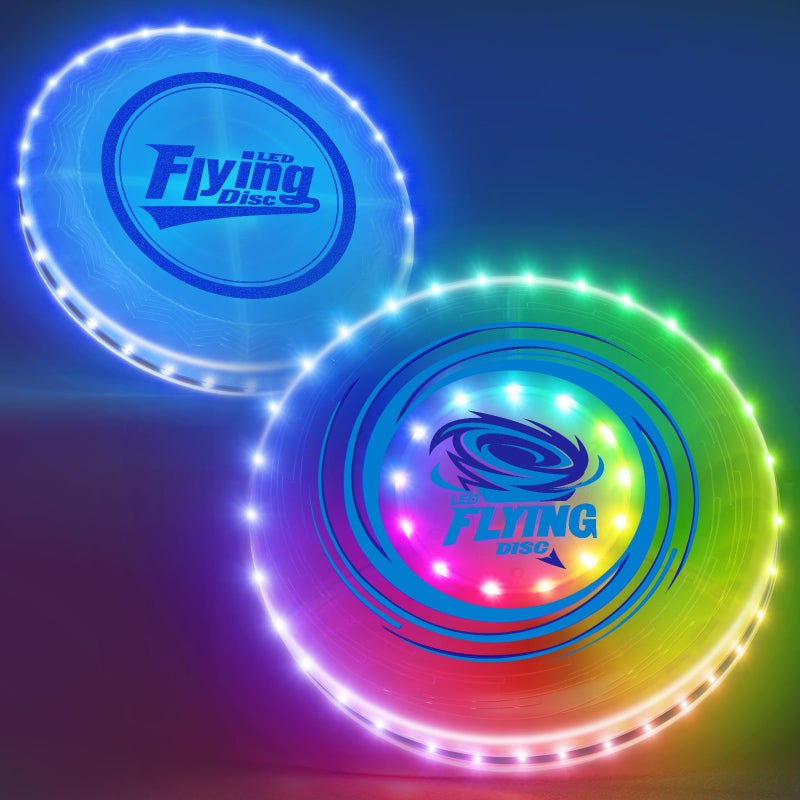 HYES 2 Pack Light up Flying Discs for Kids, Rechargeable Disc with 45 LEDs, 14 Lighting Modes(10")&Built-in Battery Disc(7.8"), Glow in The Dark Ring for Beach/Camping/Outdoor Sport - Image 1