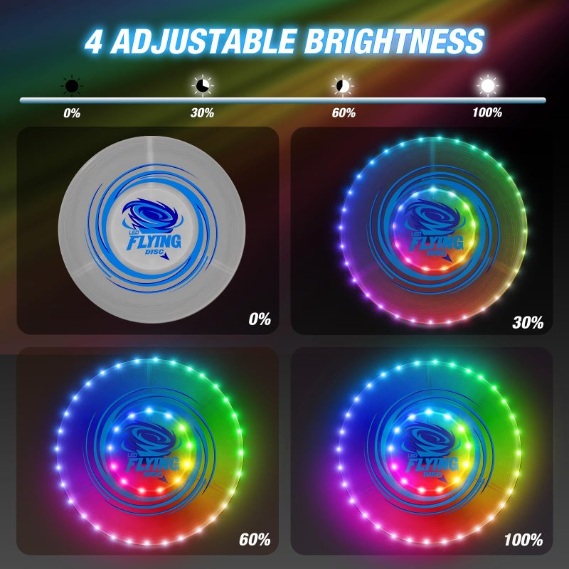 HYES 2 Pack Light up Flying Discs for Kids, Rechargeable Disc with 45 LEDs, 14 Lighting Modes(10")&Built-in Battery Disc(7.8"), Glow in The Dark Ring for Beach/Camping/Outdoor Sport - Image 5