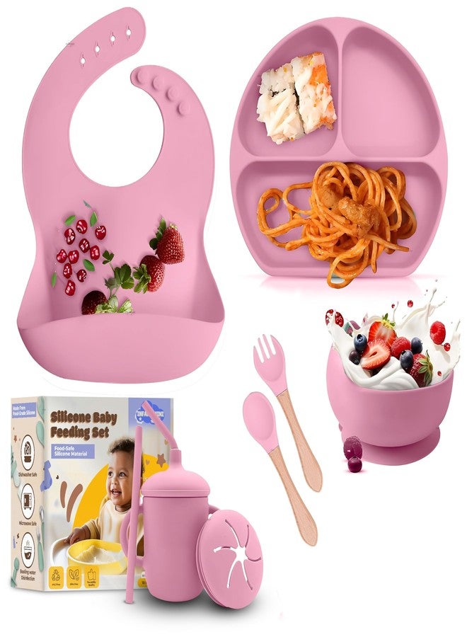 Infans Mini Silicone Baby Feeding Set 7 Pcs BPA-Free,Microwave Safe Tableware Kit for Babies & Toddlers Silicone Bib, Baby Cutleries and Tableware Set (Pink) - Image 1