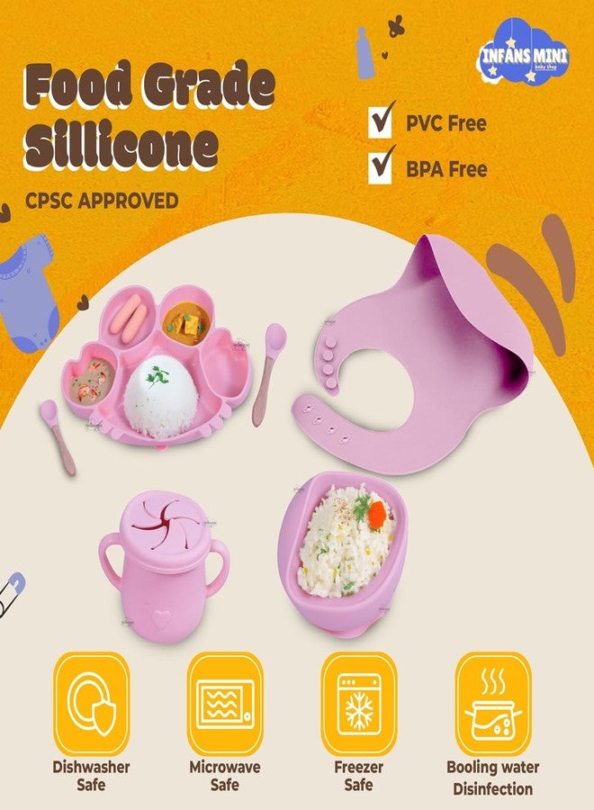 Infans Mini Silicone Baby Feeding Set 7 Pcs BPA-Free,Microwave Safe Tableware Kit for Babies & Toddlers Silicone Bib, Baby Cutleries and Tableware Set (Pink) - Image 3