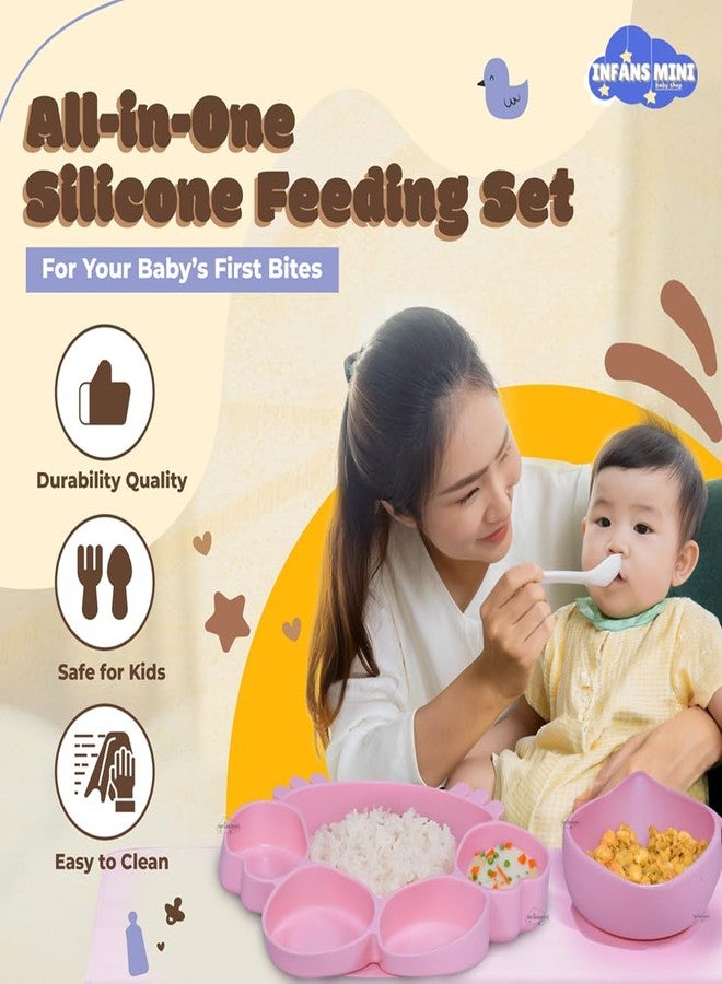 Infans Mini Silicone Baby Feeding Set 7 Pcs BPA-Free,Microwave Safe Tableware Kit for Babies & Toddlers Silicone Bib, Baby Cutleries and Tableware Set (Pink) - Image 2