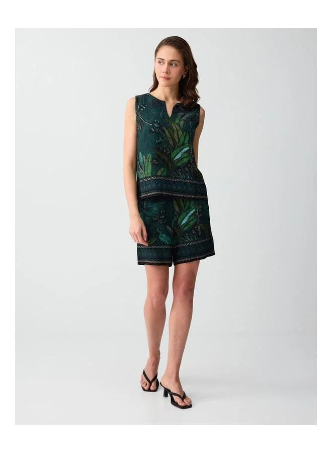 Jimmy Key Dark Green Linen-Blend V-Neck Sleeveless Patterned Woven Blouse.