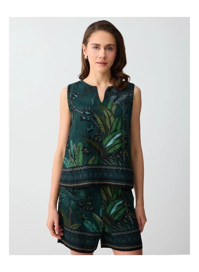 Jimmy Key Dark Green Linen-Blend V-Neck Sleeveless Patterned Woven Blouse.