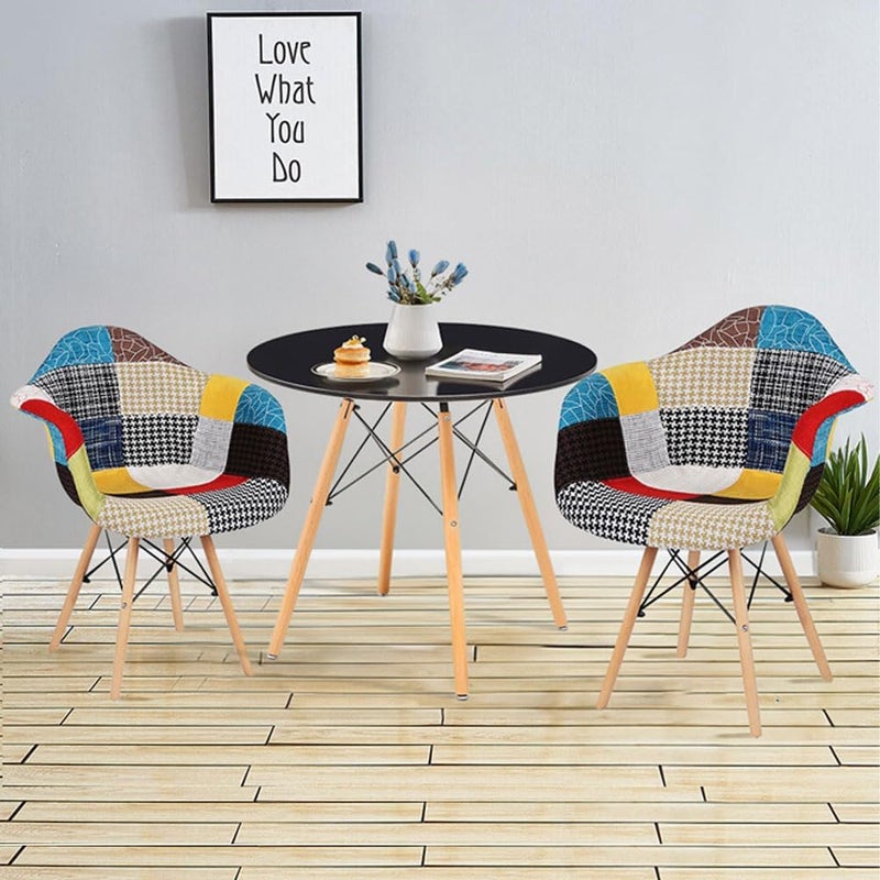 Black Table with 2 Big Multicolor Chairs with Linen Fabric Cushion and Wooden Legs for Kitchen, Dining, Bedroom, Living Room Hotels - Image 1