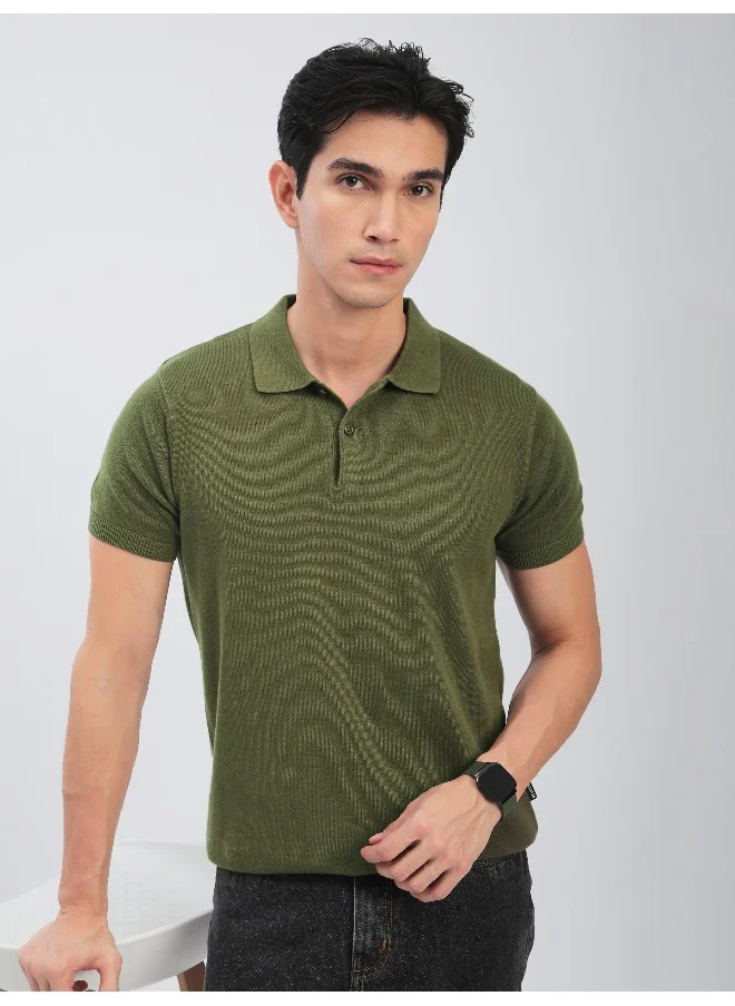 Beyoung Olive Ribbed Collar Flat Knit Polo T-Shirt For Men