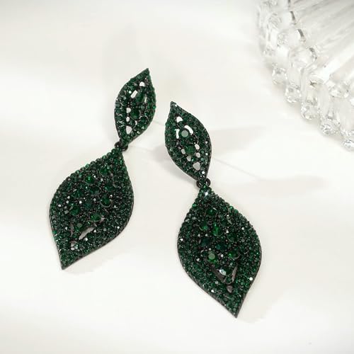 Flyonce Emerald Green Earrings for Women, Sparkly Dark Green Rhinestone Crystal Large Long Teardrop Dangle Chandelier Earring Costume Statement Jewelry for Wedding Party Pageant Gala Black-Tone - Image 4