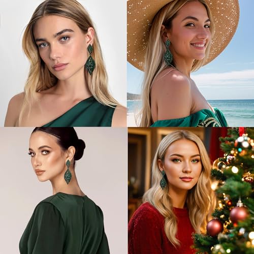 Flyonce Emerald Green Earrings for Women, Sparkly Dark Green Rhinestone Crystal Large Long Teardrop Dangle Chandelier Earring Costume Statement Jewelry for Wedding Party Pageant Gala Black-Tone - Image 5