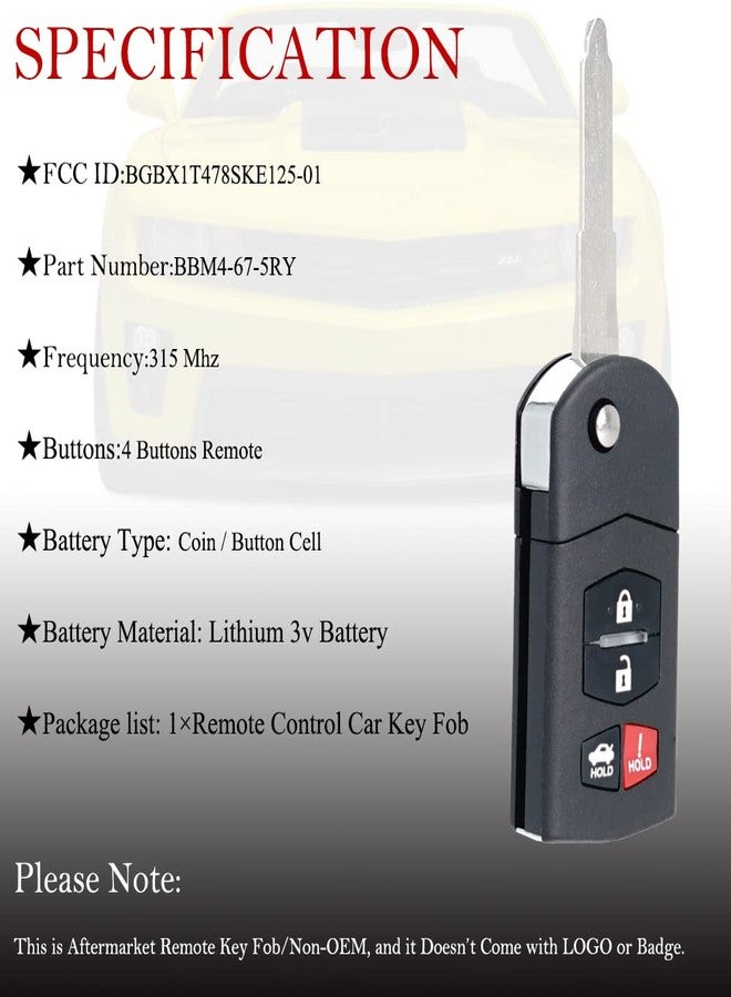 MechanMagic جهاز تحكم عن بعد بديل لمفتاح السيارة، متوافق مع مازدا MX-5 مياتا (2006-2015) / مازدا 3 (2010-2013) / مازدا 6 (2009-2013). رقم القطعة: BGBX1T478SKE125-01. رقم تعريف جهاز التحكم عن بعد للدخول بدون مفتاح: BBM4-67-5RY - Image 4