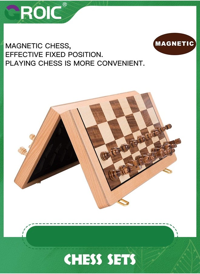 GROIC - Chess Sets Magnetic Wooden 2 in 1 Chess and Checkers Set, 2 Extra Queens Folding Board, Handmade Portable Travel Chess Board Game Sets with Game Pieces Storage Slots - Image 1