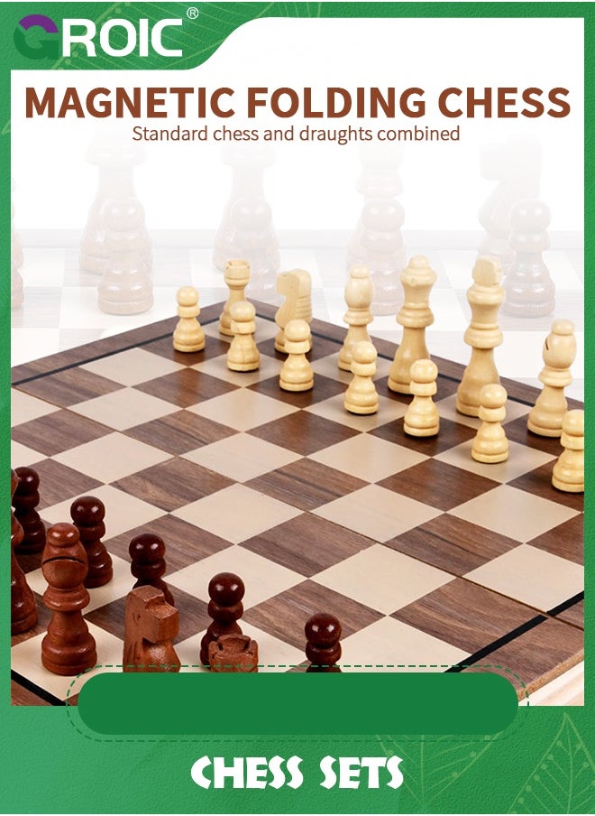 GROIC - Chess Sets Magnetic Wooden 2 in 1 Chess and Checkers Set, 2 Extra Queens Folding Board, Handmade Portable Travel Chess Board Game Sets with Game Pieces Storage Slots - Image 1