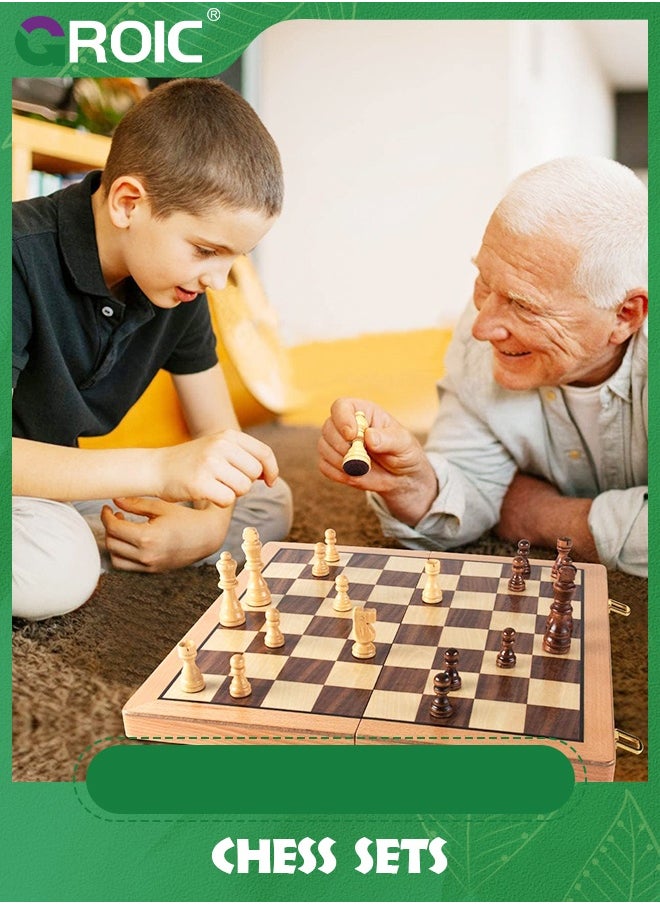GROIC - Chess Sets Magnetic Wooden 2 in 1 Chess and Checkers Set, 2 Extra Queens Folding Board, Handmade Portable Travel Chess Board Game Sets with Game Pieces Storage Slots - Image 1