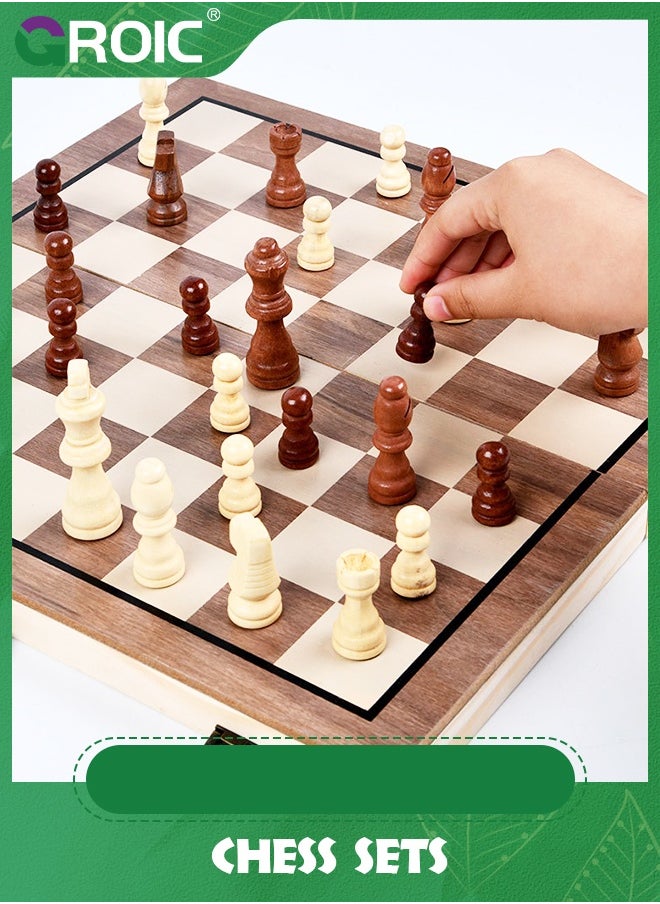 GROIC - Chess Sets Magnetic Wooden 2 in 1 Chess and Checkers Set, 2 Extra Queens Folding Board, Handmade Portable Travel Chess Board Game Sets with Game Pieces Storage Slots - Image 1