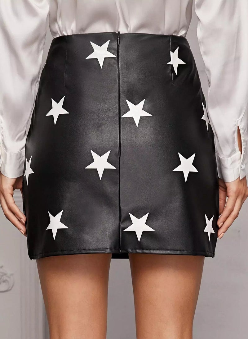 Star Print Faux Leather Mini Skirt - Image 2
