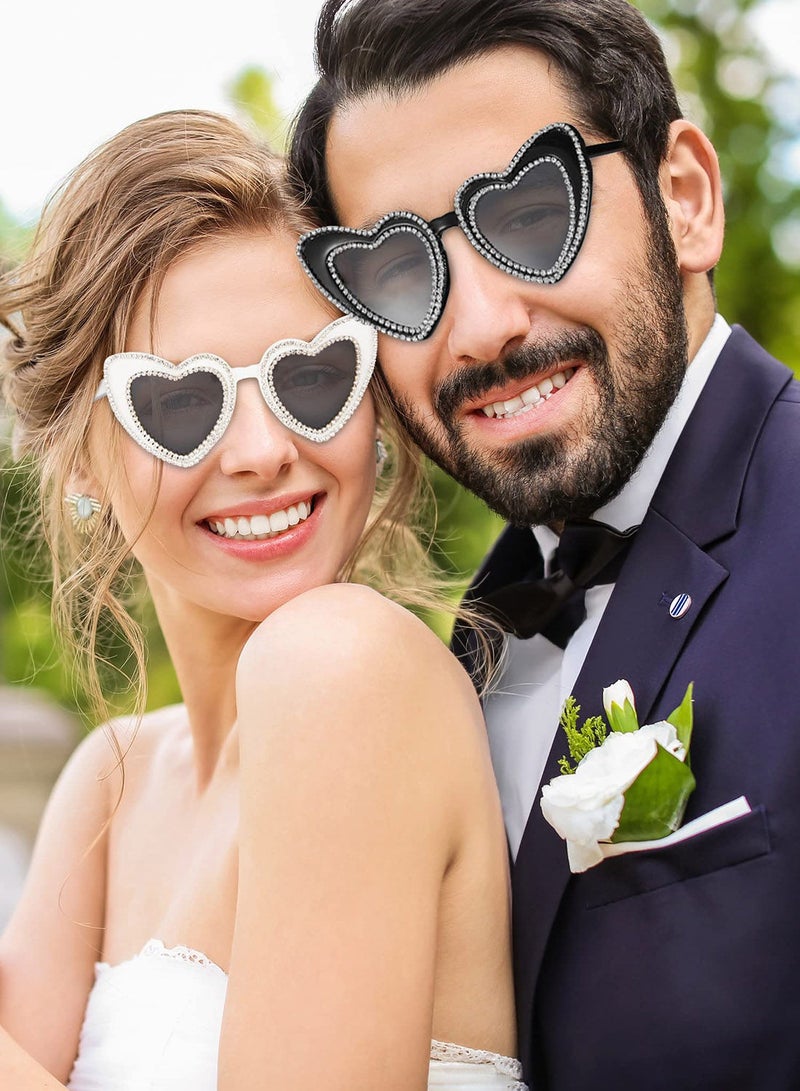 SYOSI نظارات شمسية على شكل قلب للنساء والرجال، زوجان من النظارات الشمسية الكلاسيكية العتيقة المرصعة بأحجار الراين، نظارات العروس ووصيفة العروس، ديكور الزفاف، أحجار الراين البراقة، نظارات شمسية عصرية عتيقة، حماية من الأشعة فوق البنفسجية 400 - Image 3