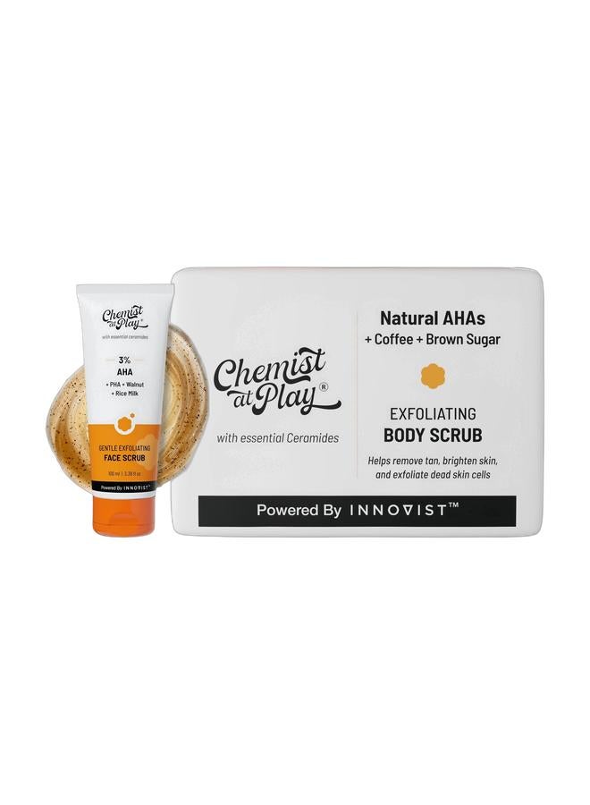 Chemist at Play Gentle Exfoliating Face Scrub 100ml & Exfoliating Body Scrub For Removing Tan & Dead Skin Cells | Rough & Bumpy Skin, Tanned & Pigmented Skin | For Smooth, Soft & Bright Skin | Natural AHAs | Coffee | For Men & Women | 75 Bundle - Image 1