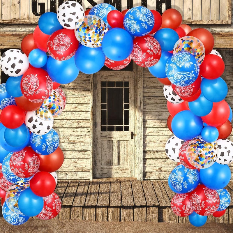 Civaner 130 Pieces Western Cowboy Balloon Arch Garland Blue Red Cowboy Bandana Latex Balloons Western Theme Supplies for Party Baby Shower Birthday Party Decorations - Image 1