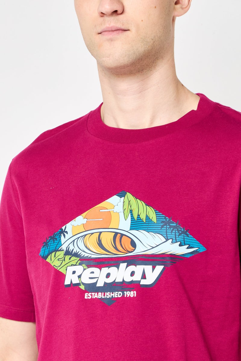 Replay تي شيرت رجالي بأكمام قصيرة وياقة دائرية، طباعة جرافيك، بنفسجي فاتح - Image 4