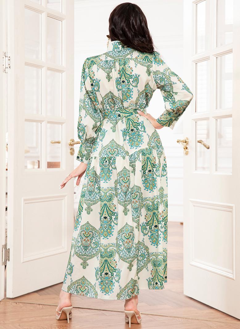 FridayIn Elegant style High collar Flowers Belt Shirt sleeve Long Dresses Light green - Image 2