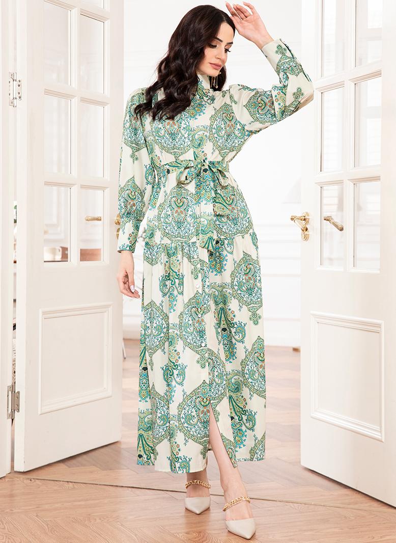 FridayIn Elegant style High collar Flowers Belt Shirt sleeve Long Dresses Light green - Image 5