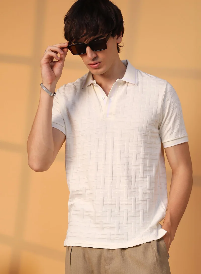 Campus Sutra Men's Cream White Weave-Textured Polo T-Shirt For Casual Wear | Polo Neck | Short Sleeve | Half-Button Closure | T-Shirt Crafted With Comfort Fit For Everyday Wear