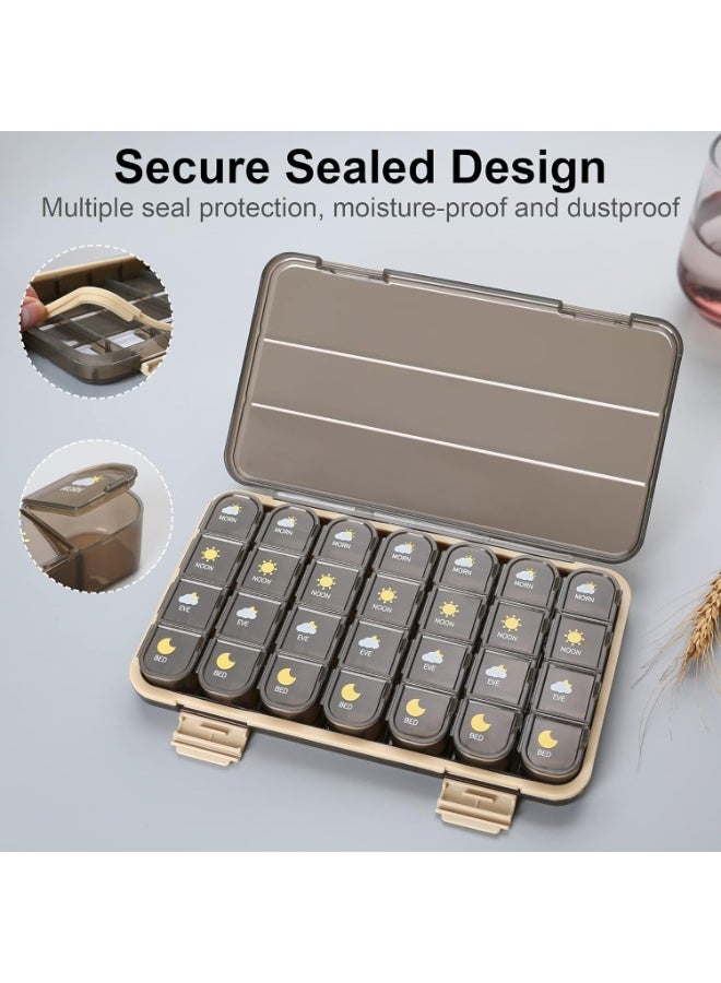 منظم حبوب 4 مرات يومياً، علبة حبوب لمدة 7 أيام، صندوق منظم دواء للسفر، حافظة حبوب كبيرة، حامل فيتامينات، موزع حبوب، بني - Image 5