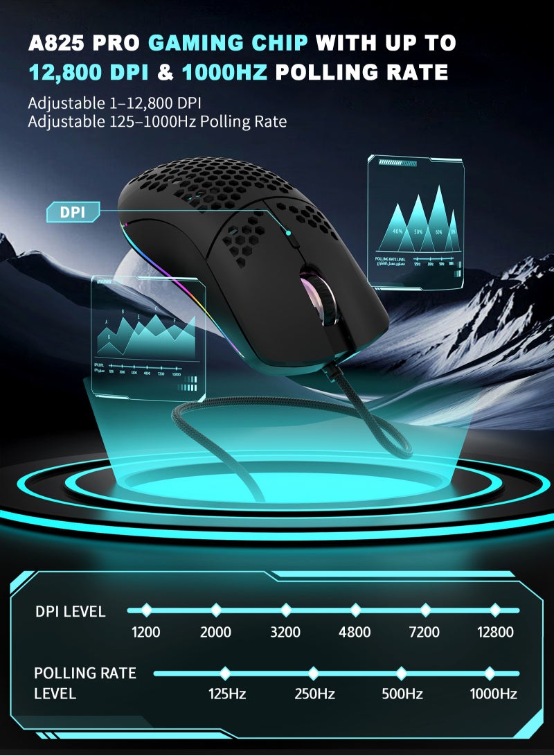 مسافر الكثبان ماوس ألعاب GE5 بتصميم خلية النحل، دقة قابلة للتعديل من 1 إلى 12800 DPI، مزود بـ 6 أزرار قابلة للبرمجة مع دعم ماكرو وبرنامج مخصص، إضاءة RGB بـ 16.8 مليون لون، تصميم مريح سلكي عبر USB بمعدل استجابة 1000 هرتز، متوافق مع الكمبيوتر وPS4 وPS5 وXbox، مثالي للاعبي فورتنايت - Image 3