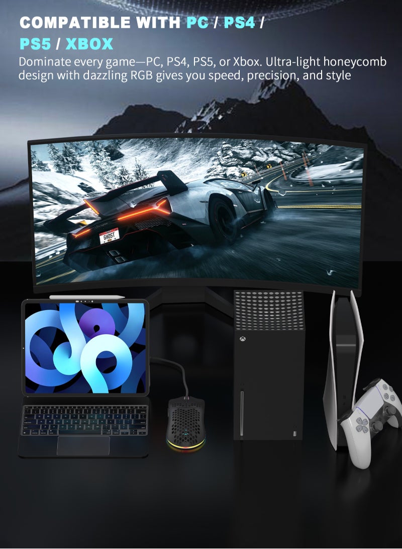 مسافر الكثبان ماوس ألعاب GE5 بتصميم خلية النحل، دقة قابلة للتعديل من 1 إلى 12800 DPI، مزود بـ 6 أزرار قابلة للبرمجة مع دعم ماكرو وبرنامج مخصص، إضاءة RGB بـ 16.8 مليون لون، تصميم مريح سلكي عبر USB بمعدل استجابة 1000 هرتز، متوافق مع الكمبيوتر وPS4 وPS5 وXbox، مثالي للاعبي فورتنايت - Image 4