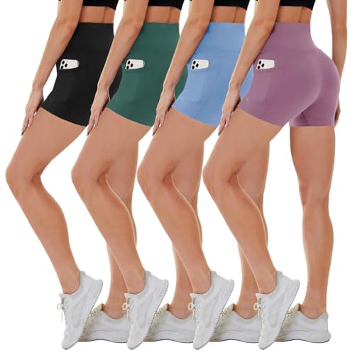 CAMPSNAIL 4 Pack Biker Shorts Women with Pockets – 5"/8" High Waist Tummy Control Workout Gym Yoga Running Compression Shorts - Image 1