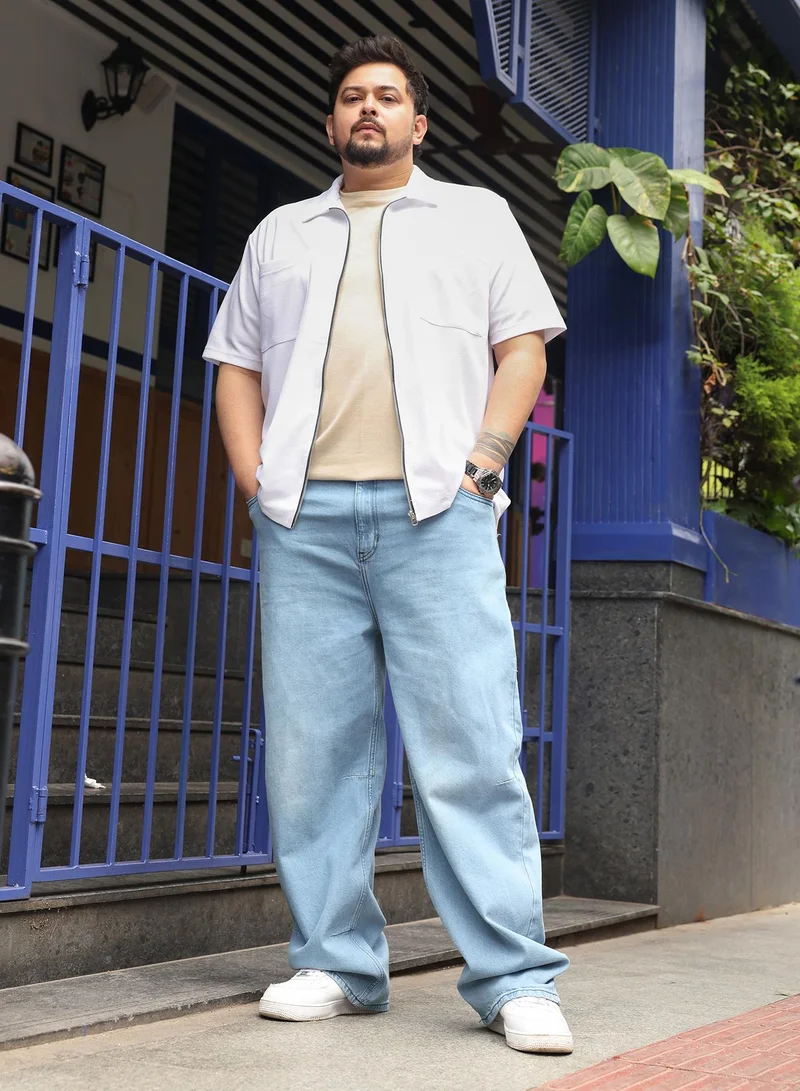 Instafab Plus Instafab Plus Men Baggy-Fit Denim Jeans | Mid-Rise , Light-Wash | Button Closure , Straight Hem | Solid Twill | Woven Fabric For Casual & Street Wear | Light Blue
