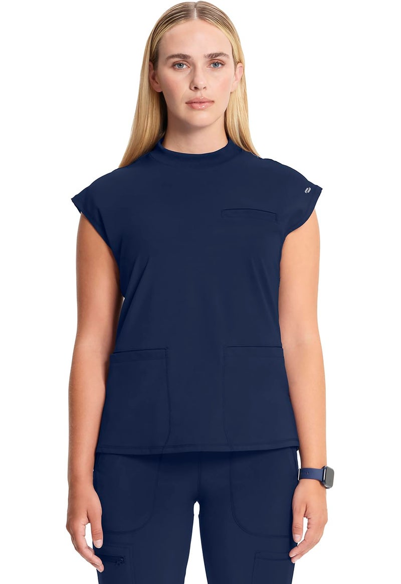 Infinity Mock Neck Top for Women with 4 Pockets Dolman Sleeves and RibKnit Back Panel Stylish Medical Top CK742A M Nav