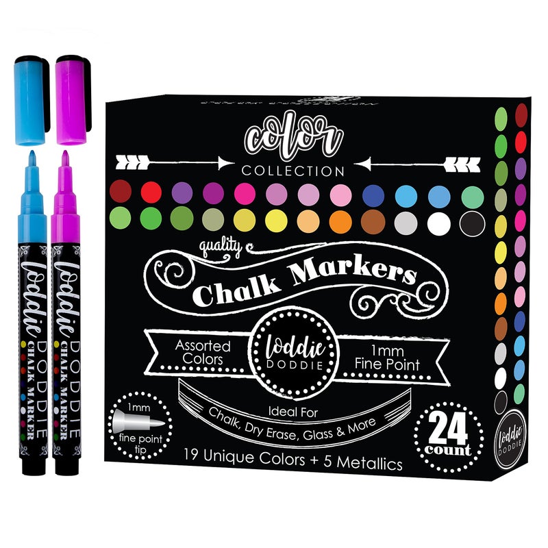 Loddie Doddie Liquid Chalk Markers - Pack of 24, 1mm Fine Tip, Multicolor - Erasable Non-Toxic Ink & Window Markers - Smooth Fine Lines with Chalk Paint Finish for Vendor Booth Display Items - Image 1