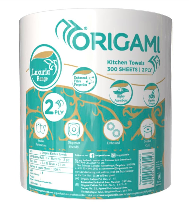 Origami 2 Ply Luxuria Kitchen Tissue Paper Roll | Tough, Super Absorbent & Food Safe Tissues for Spotless Cleaning | Ideal for Multi Purpose Use- Pack of 1 (300 Sheets) - Image 1