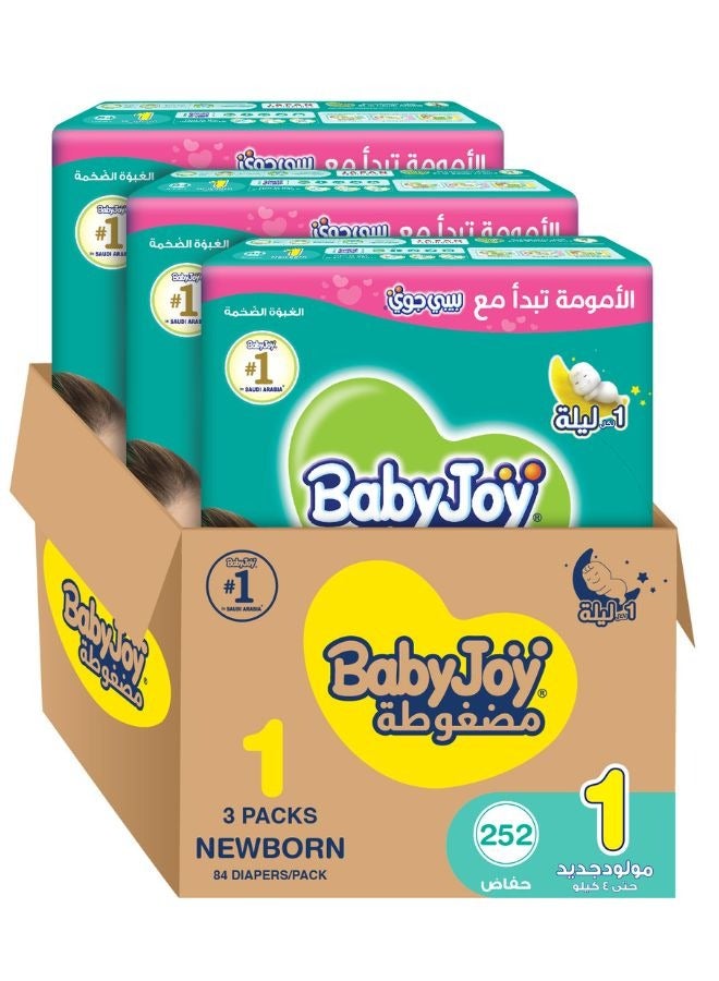 BabyJoy Compressed Diamond 2X Pad Diaper Size 1 For Newborn 0-4 Kg Mega Box, Pack Of 3x84 - 252 Count