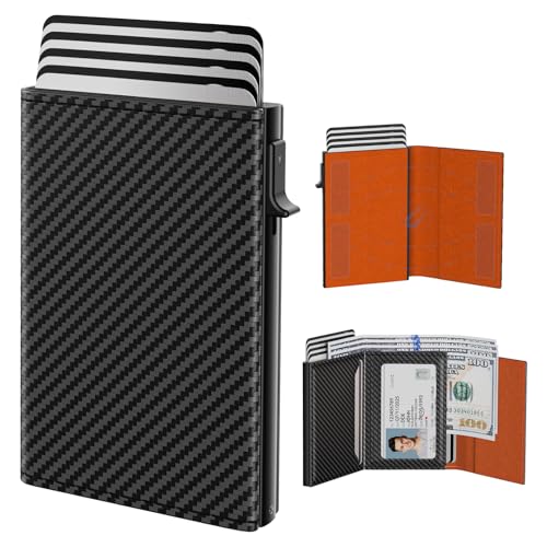 typecase محفظة رجال من تايب كيس: علبة ألومنيوم قابلة للفتح، جلد ألياف الكربون، ذكي، حماية من RFID، نحيف، بسيط، جيب أمامي - سعة 9-14 بطاقة | نافذة هوية | فتحة نقود (برتقالي) - Image 1