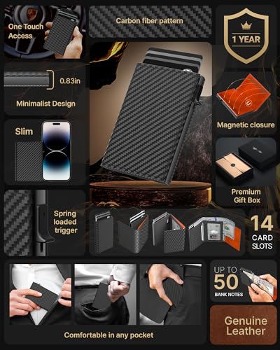 typecase محفظة رجال من تايب كيس: علبة ألومنيوم قابلة للفتح، جلد ألياف الكربون، ذكي، حماية من RFID، نحيف، بسيط، جيب أمامي - سعة 9-14 بطاقة | نافذة هوية | فتحة نقود (برتقالي) - Image 2