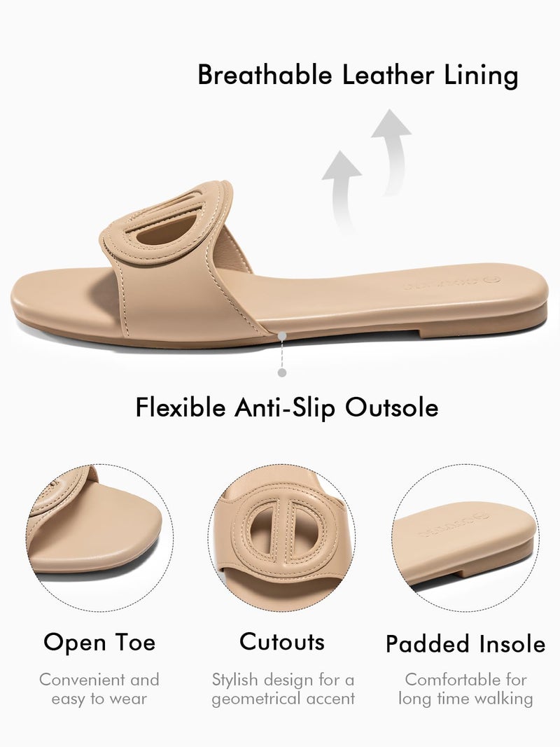 Coutgo Womens Dressy Flat Sandals Open Toe Slip on Leather Summer Beach Slide Sandals, Khaki, Size 7 - Image 4