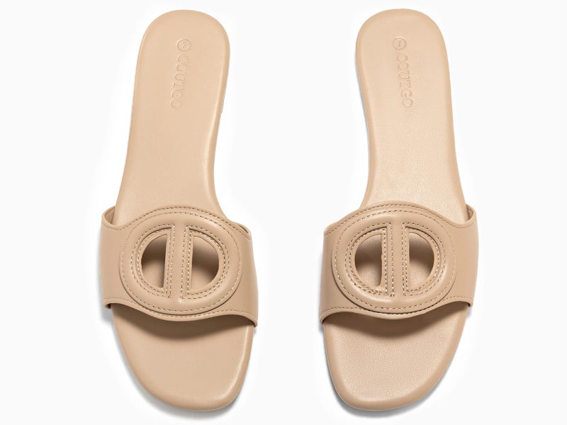 Coutgo Womens Dressy Flat Sandals Open Toe Slip on Leather Summer Beach Slide Sandals, Khaki, Size 7 - Image 5