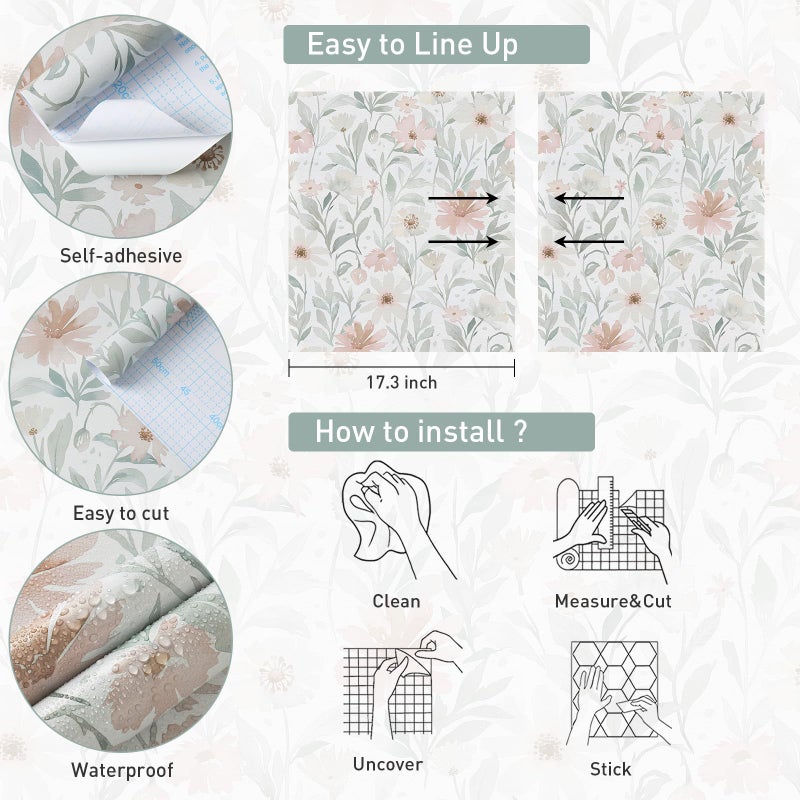 CiCiwind Pink Floral Peel and Stick Wallpaper Farmhouse Removable Self Adhesive Modern Wall Paper for Bedroom Bathroom Light Green Leaf Contact Paper for Cabinets Shelf Drawer 17.3" Ã— 78.7" - Image 5