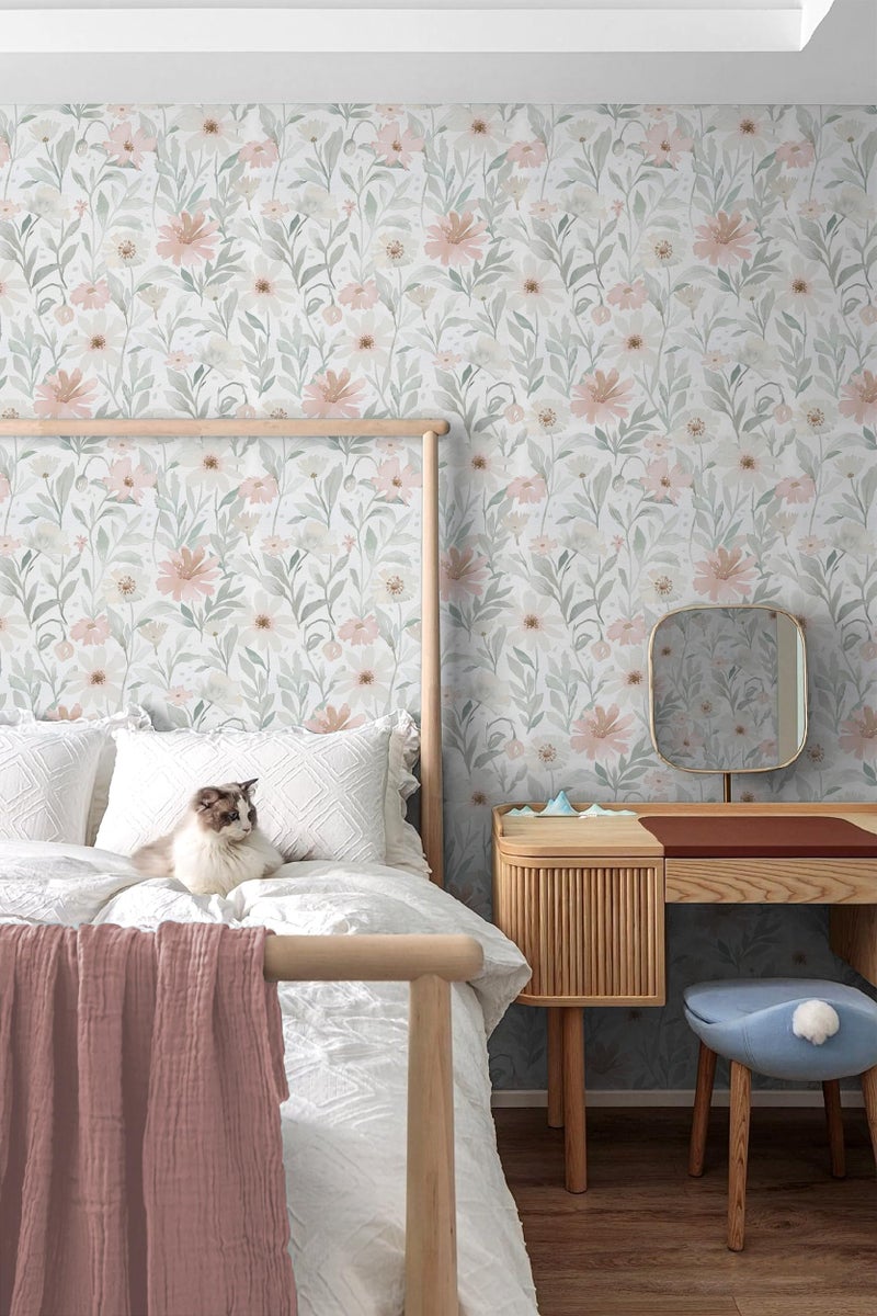 CiCiwind Pink Floral Peel and Stick Wallpaper Farmhouse Removable Self Adhesive Modern Wall Paper for Bedroom Bathroom Light Green Leaf Contact Paper for Cabinets Shelf Drawer 17.3" Ã— 78.7" - Image 3