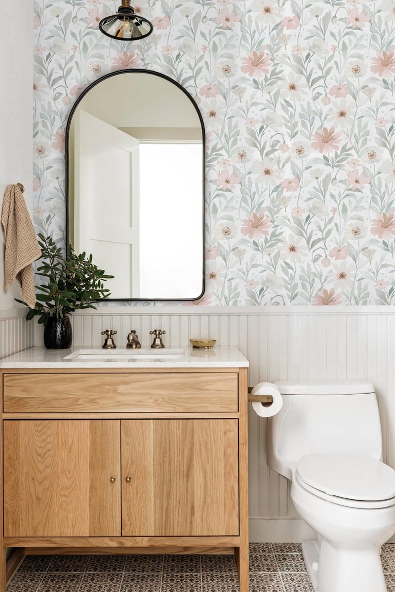 CiCiwind Pink Floral Peel and Stick Wallpaper Farmhouse Removable Self Adhesive Modern Wall Paper for Bedroom Bathroom Light Green Leaf Contact Paper for Cabinets Shelf Drawer 17.3" Ã— 78.7" - Image 2