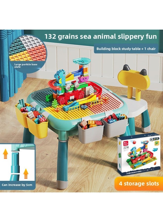 متوافقة مع طاولة مكعبات بناء ليجو فيلي، ألعاب مجمعة متعددة الوظائف للأطفال الأولاد يتعلمون جزيئات كبيرة لون الطفل: طاولة مكعبات بناء قابلة للتعديل + كرسي واحد + 132 شريحة - Image 1