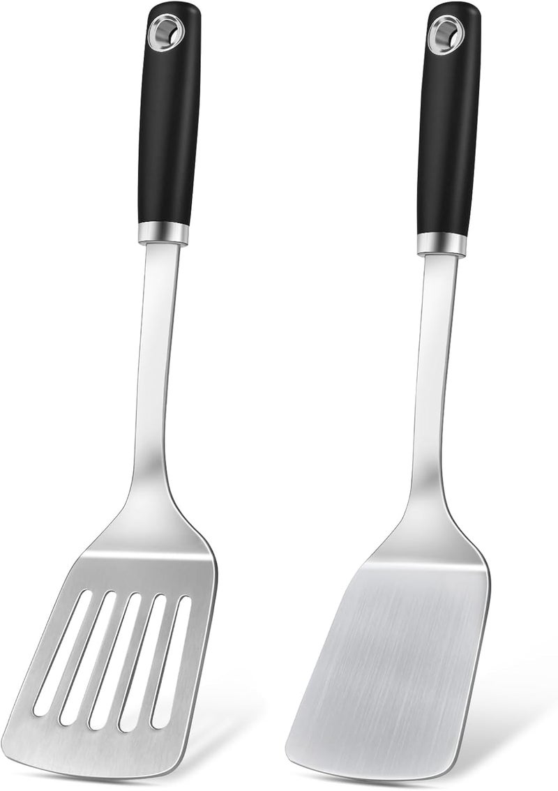 MemoGem 2 Pcs Silicone Stainless Steel Spatulas Set, Metal Spatula Solid & Slotted Turner, Heavy Duty Sturdy Spatula for Kitchen Use, High Heat Resistant Cooking Utensils for Fish Eggs Pancakes, Easy to Clean - Image 1