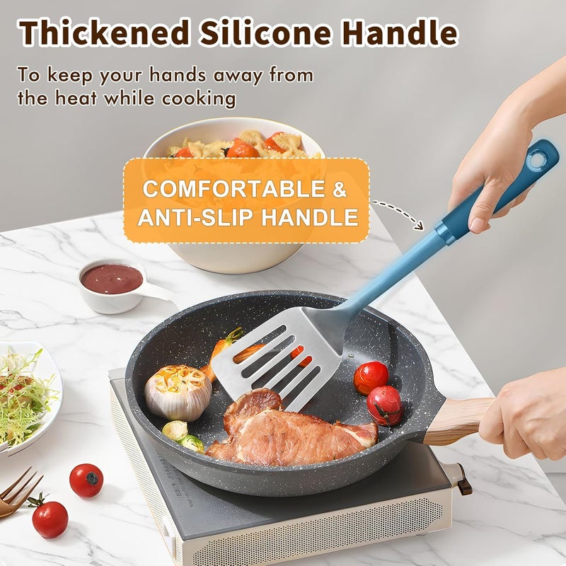 MemoGem 2 Pcs Silicone Stainless Steel Spatulas Set, Metal Spatula Solid & Slotted Turner, Heavy Duty Sturdy Spatula for Kitchen Use, High Heat Resistant Cooking Utensils for Fish Eggs Pancakes, Easy to Clean - Image 3