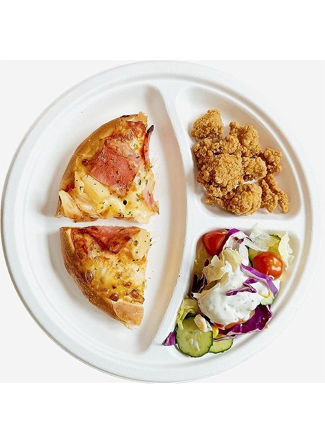 Raxoom Compostable [10-Inch, 50-Pcs] Heavy-Duty Quality Disposable 3-Compartment Paper Plates, Made of Bagasse Cane Fibers, Perfectly Eco-Friendly and Natural Biodegradable - Image 1