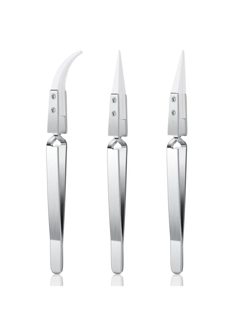 3 Pcs Ceramic Tweezers Stainless Steel Reverse Tweezers Heat Resistant Non Conductive Ceramic Tweezers for Precision Electrical Operation Silver Tone - Image 1