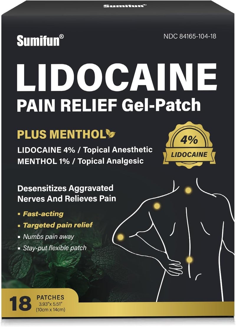 Sumifun لصقات سومي فون 4 ليدوكائين بالإضافة إلى 1 منتول لتخفيف الألم - أقصى قوة لتخفيف آلام الظهر لآلام الرقبة والركبة والمفاصل وآلام الأعصاب والكتف - عدد كبير 18 - Image 1