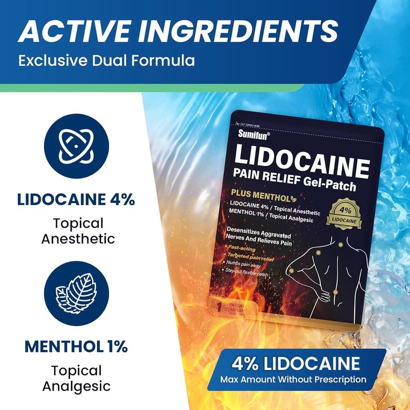 Sumifun لصقات سومي فون 4 ليدوكائين بالإضافة إلى 1 منتول لتخفيف الألم - أقصى قوة لتخفيف آلام الظهر لآلام الرقبة والركبة والمفاصل وآلام الأعصاب والكتف - عدد كبير 18 - Image 2