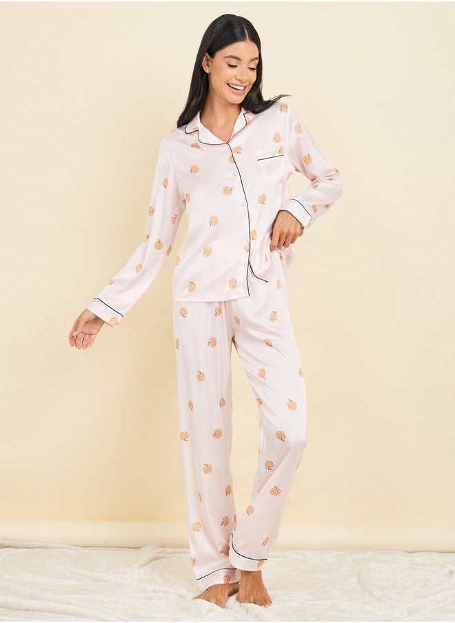 Styli - All Over Peach Print Satin Piped Shirt & Pyjama Set - Image 1
